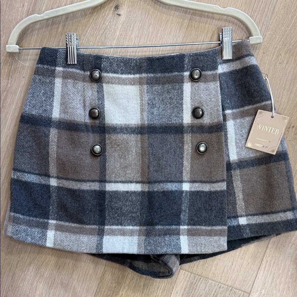 Forever 21 Brown, Gray & Cream Plaid Double-Breasted Skort